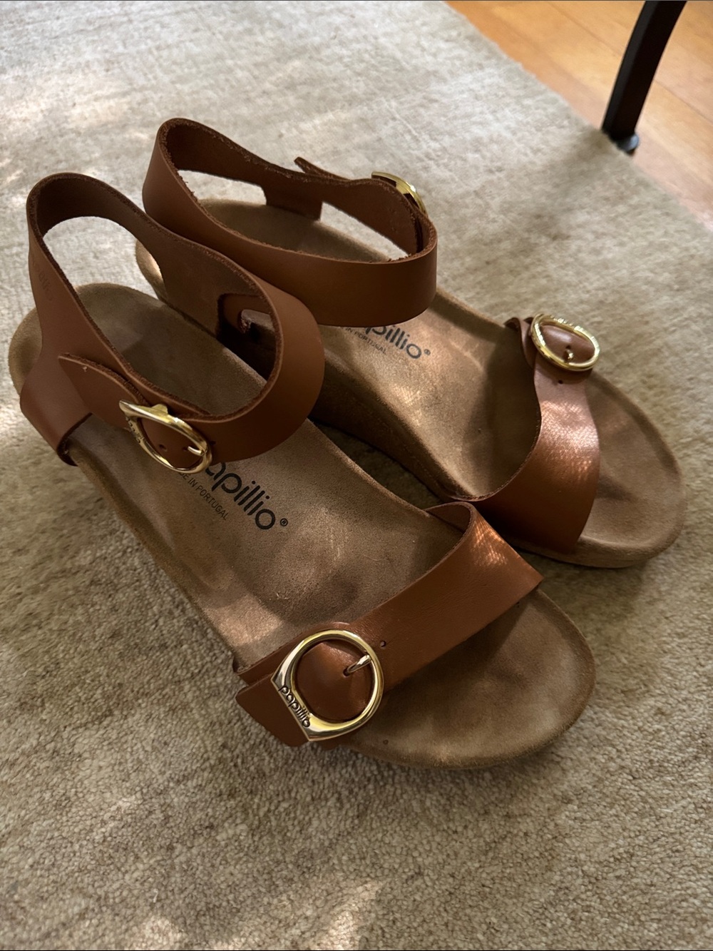 Papillio Brown Leather Ankle Strap Sandals with Gold Buckles (Birkenstock) 40